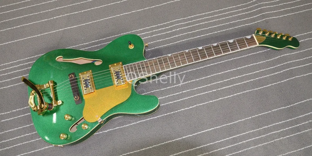 

top quality QShelly custom TL F hole hollow body green sparkle Metallic gold bridge electric guitar musical instruments shop