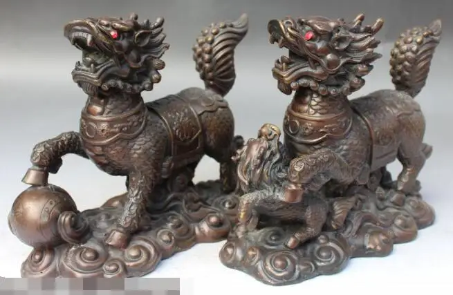 

S00146 10" Chinese Fengshui Bronze Palace Door Kylin Chi-lin Qilin Unicorn Kirin Pair