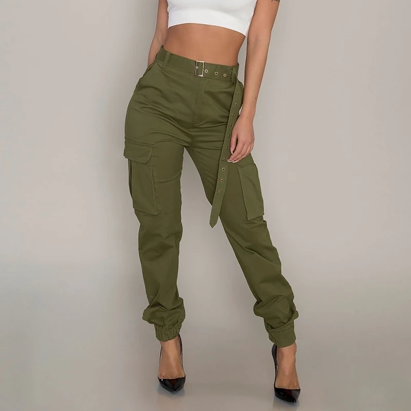 Женские брюки с высокой талией повседневные многокарманные модные штаны со складками армейский зеленый - Цвет: Green