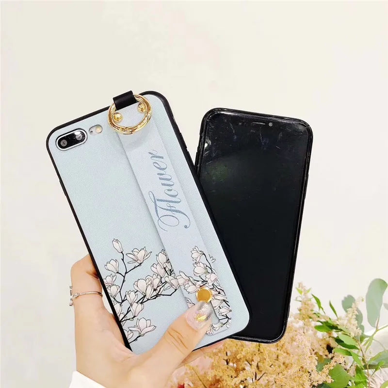 LUDI Hot 3D Vintage Floral Phone Case for iPhone 7 7Plus Soft TPU Fashion Flowers Wrist Strap Phone Bag for iPhone X 6 6s 8 Plus11