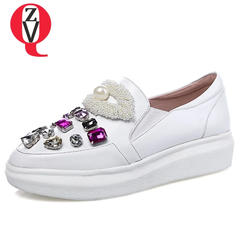 

ZVQ shoes women 2019 spring new fashion crystal decoration genuine leather women pumps low wedges platform slip-on outside shoes