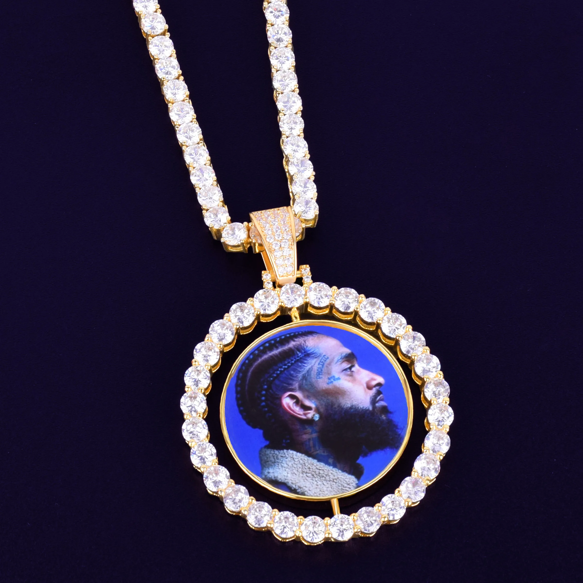 Сделанное на заказ фото вращающееся двухстороннее ожерелье с подвеской в виде медальонов 4 мм теннисная цепь Циркон мужские хип-хоп ювелирные изделия 2x1,65 дюйма