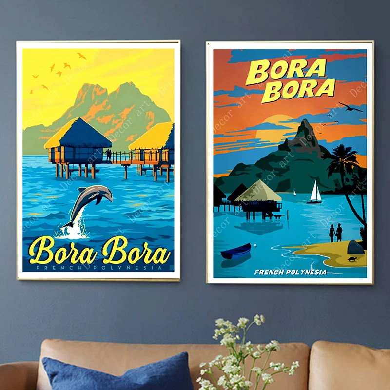 

Polynesia Tahiti Bora Holiday Beach Travel Canvas Painting Vintage Wall Kraft Poster Coated Wall Sticker Home Decor Picture Gift