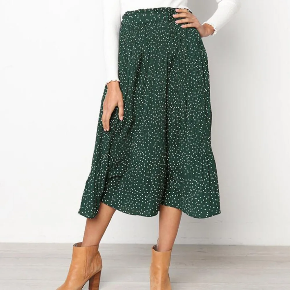 

Women Skirt Summer Fashion Ladies Casual Ruched Dots Ruffles Skirts long summer skirt beach plisowana spodnica dames 35#