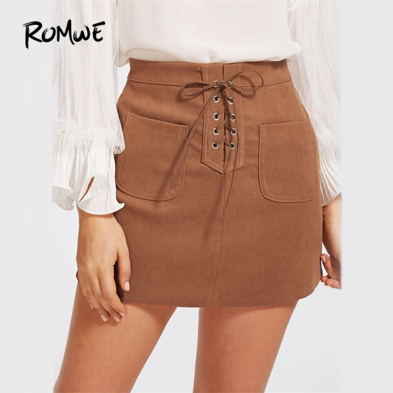 

ROMWE Grommet Lace Up Mini Skirt Khaki Cute A Line Women Casual Dual Pocket Autumn Skirts 2019 Fashion Brief High Waist Skirt