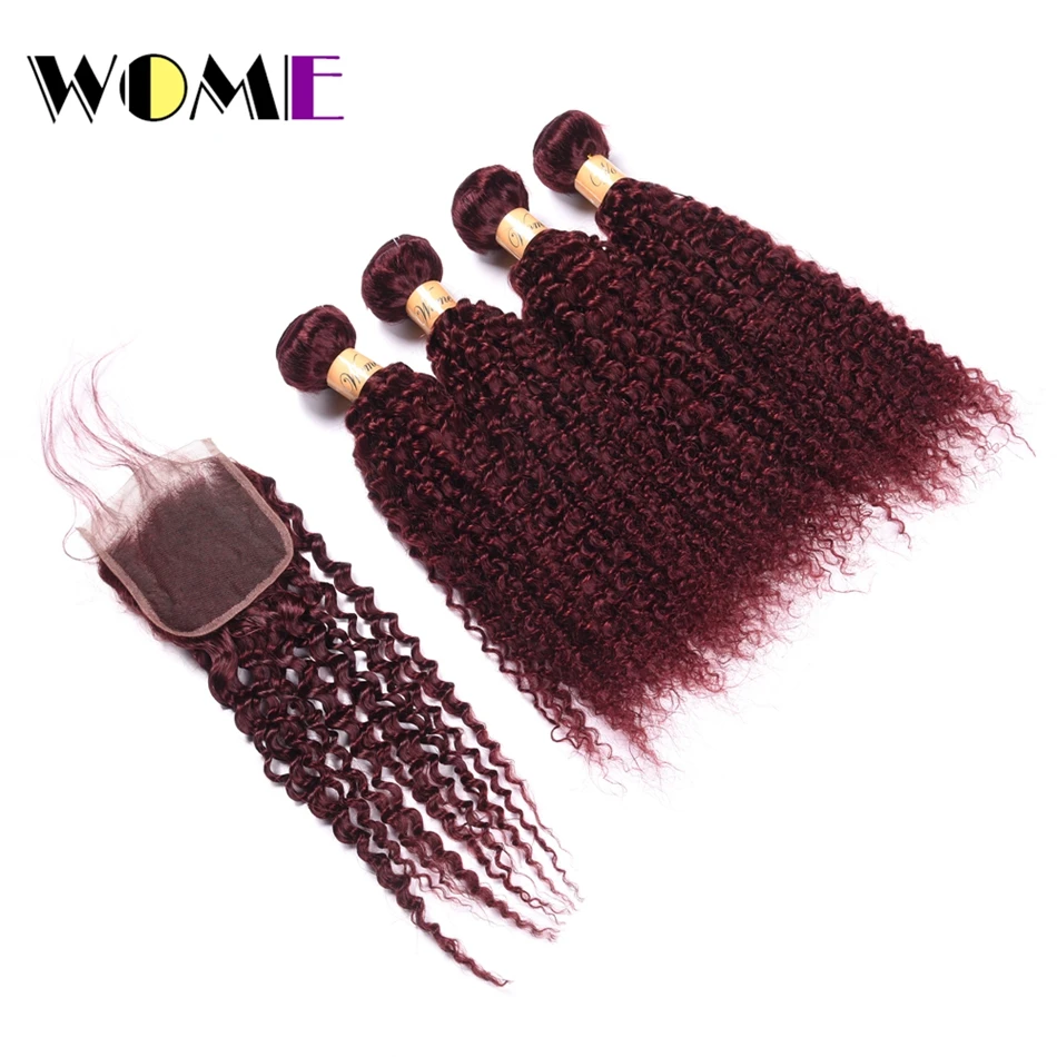 Wome Indian Bundles With Closure #99J Red Wine Color Curly Hair 4 Bundles With 4x4 Lace Closure 100% Human Hair Weave Wome Indian Bundles With Closure #99J Red Wine Color Curly Hair 4 Bundles With 4x4 Lace Closure 100% Human Hair Weave