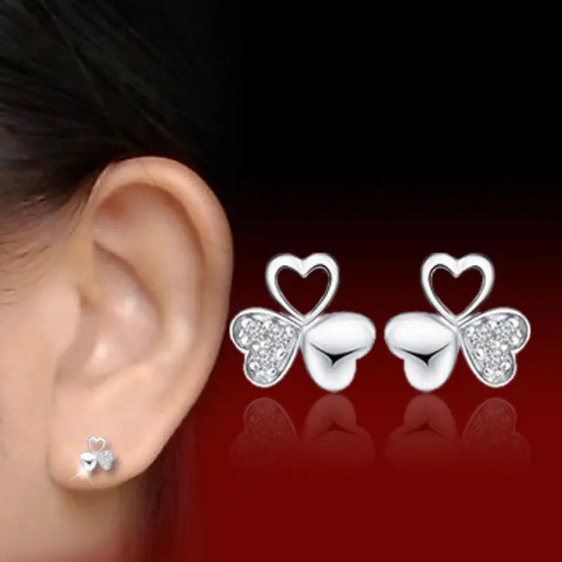

1 Pair Lovely Plated Silver Crystal Rhinestone Earrings Clover Heart Shape Stud Earrings Women Fashion Earrings