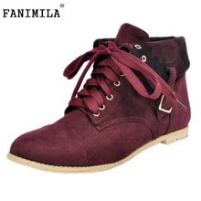 Mujer Del Dedo Del Pie Redondo Tobillo Botas Planas Mujeres Cordón de Cuero de Gamuza Zapatos Señoras de La Marca de Moda Estilo de la Hebilla de Botas de Mujer Tamaño 34-47
