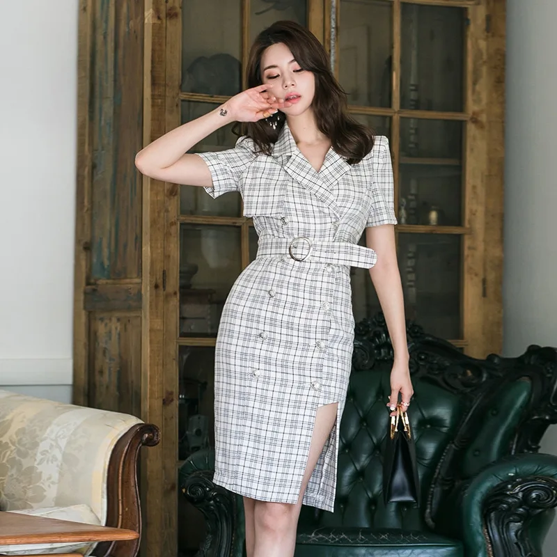 

Plus Size OL Office Work Dress Summer 2019 Women Double Button Bodycon Wrap Dress Women Notched Print Plaid Midi Dress Ladies