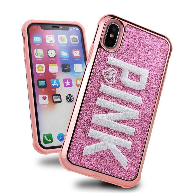 Cute 3D embroidery PINK glitter bling soft phone case for iphone 7 8