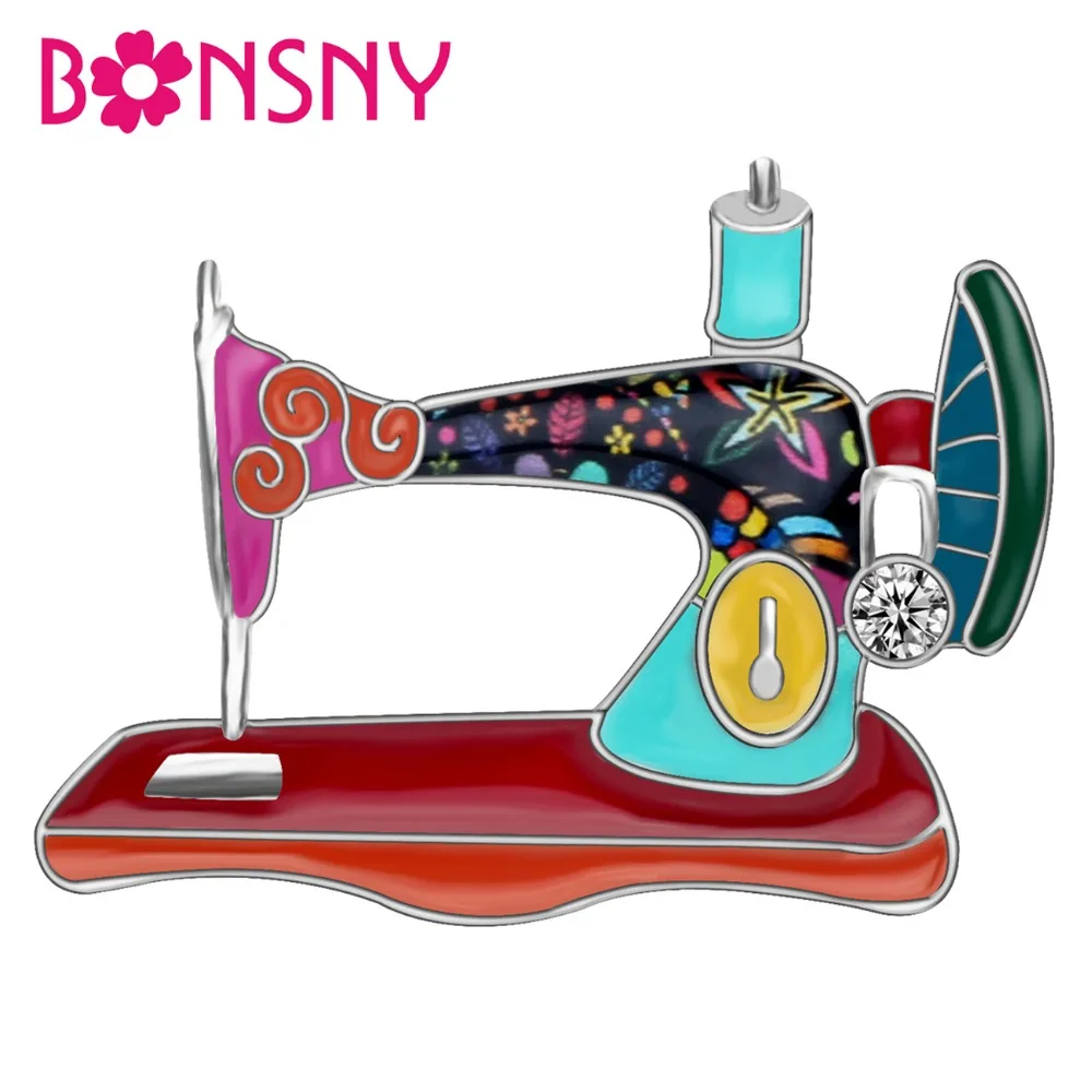 

Bonsny Enamel Alloy Rhinestone Sewing Machine Brooches Pin Jewelry For Women Girls Vintage Clothes Scarf Decorations Gift Bijoux