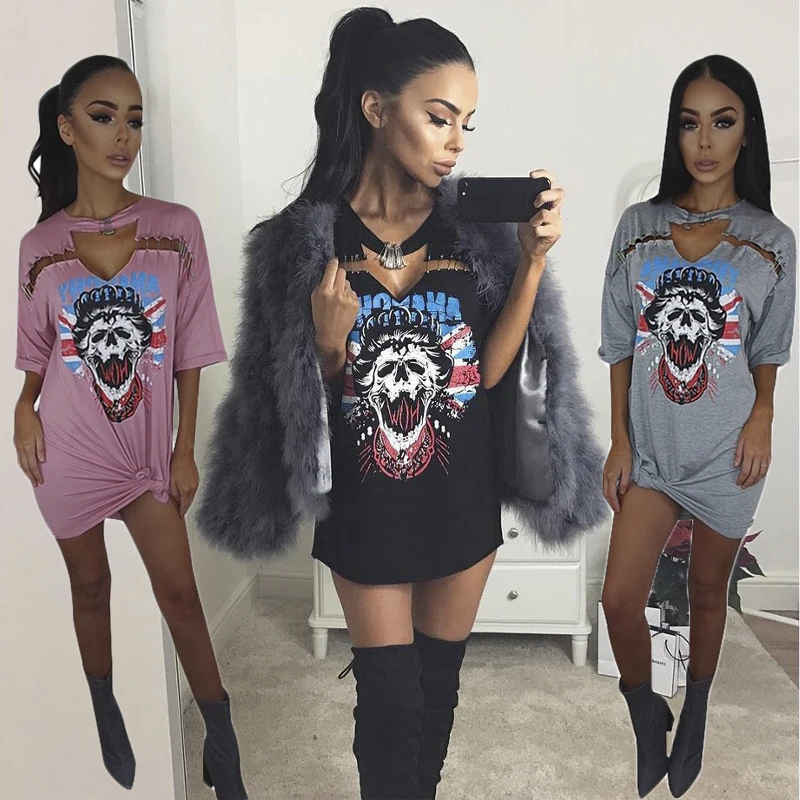 Women Sexy V-neck Punk Long T Shirt Tops 2017 New Style Skeleton Pin Street Rock T-shirt Casual Tshirt Tumblr