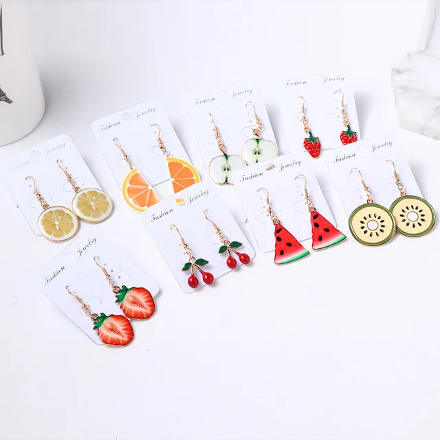 

2019 fashion creative fruit earrings apple watermelon strawberry lemon cute small fresh earrings personality women's earrings