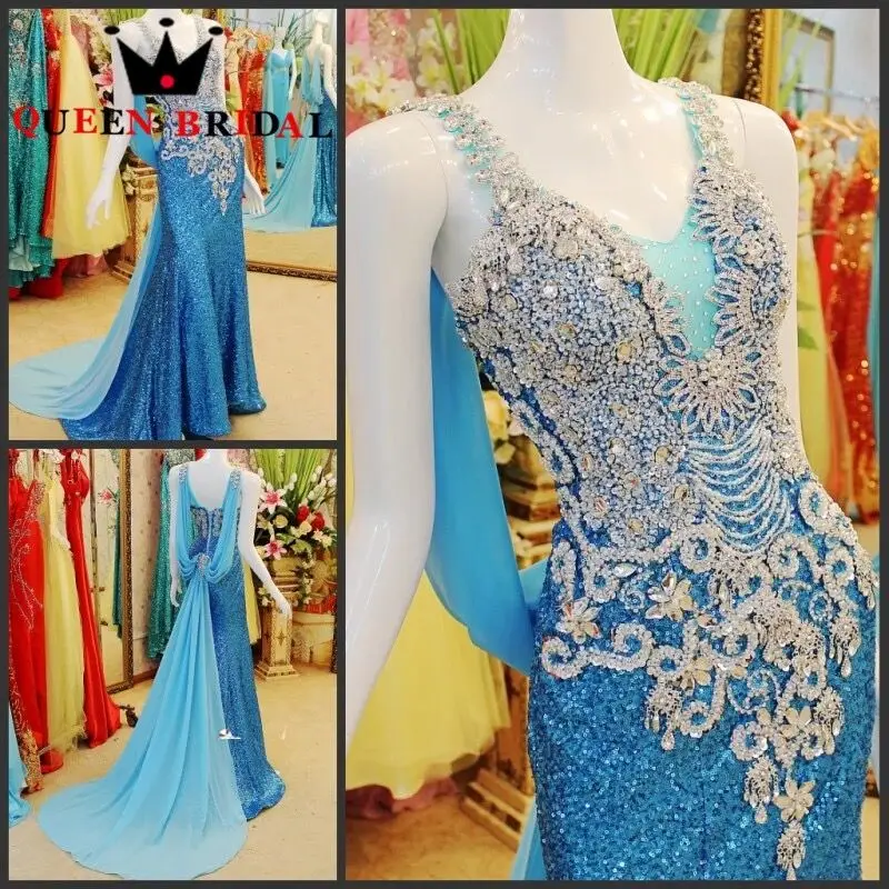 

Custom Made Real Photo Blue Mermaid Sequin Tulle Crystal Beaded Sexy 2021 New Evening Dress Party Gowns Dress Evening Gown JE23
