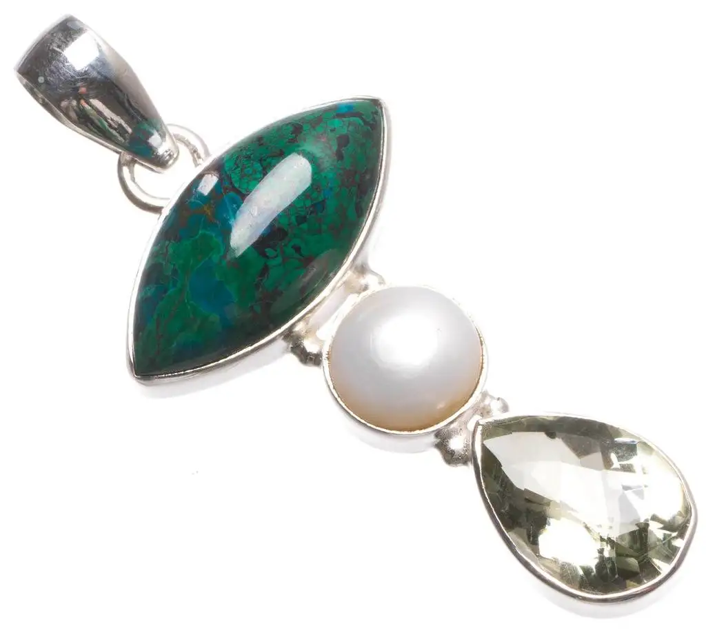 

Natural Turquoise,Green Amethyst and River Pearl Handmade Indian 925 Sterling Silver Pendant 2" U0337