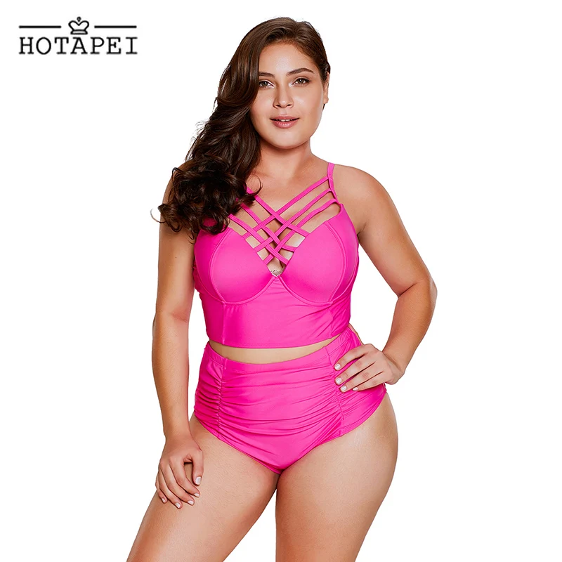 Hotapei новый плюс Размеры Купальники Черный Strappy Шея деталь Высокая талия Купальник