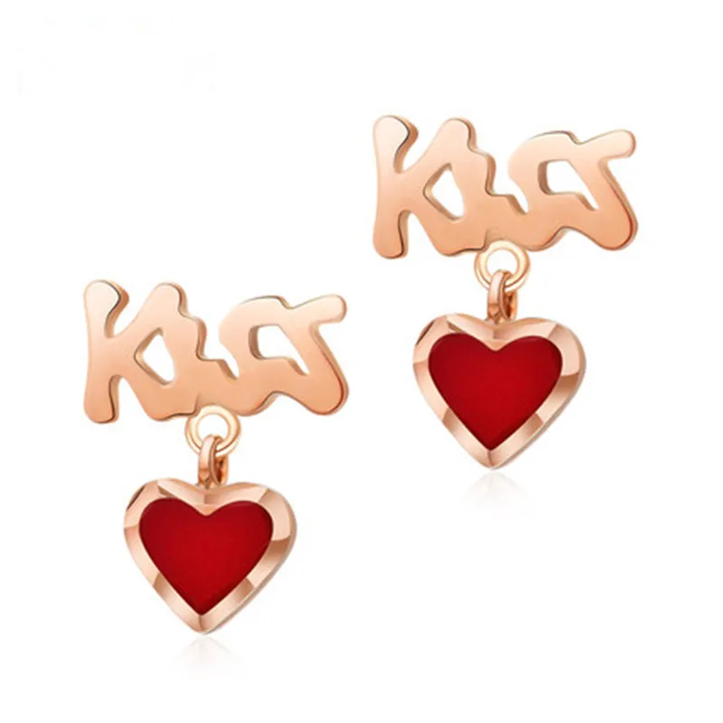 

VOJEFEN New Design Jewelry 18K Rose Gold ''KISS'' Hot Red Agate Heart Earrings Heart Jewelry Drop & Dangle Earrings for Women