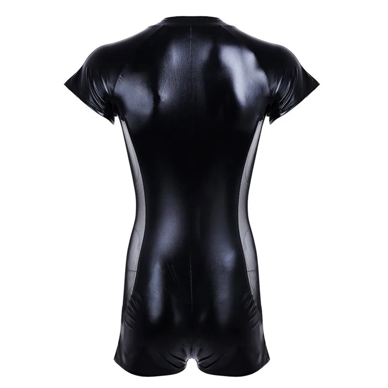 Wet look latex Catsuit Faux Leather Mesh Jumpsuits Black Stretch PVC Bodysuits Sexy Clubwear Men Open Crotch Lingerie Body Suit,men bodysuit jumpsuit,men lingerie underwear