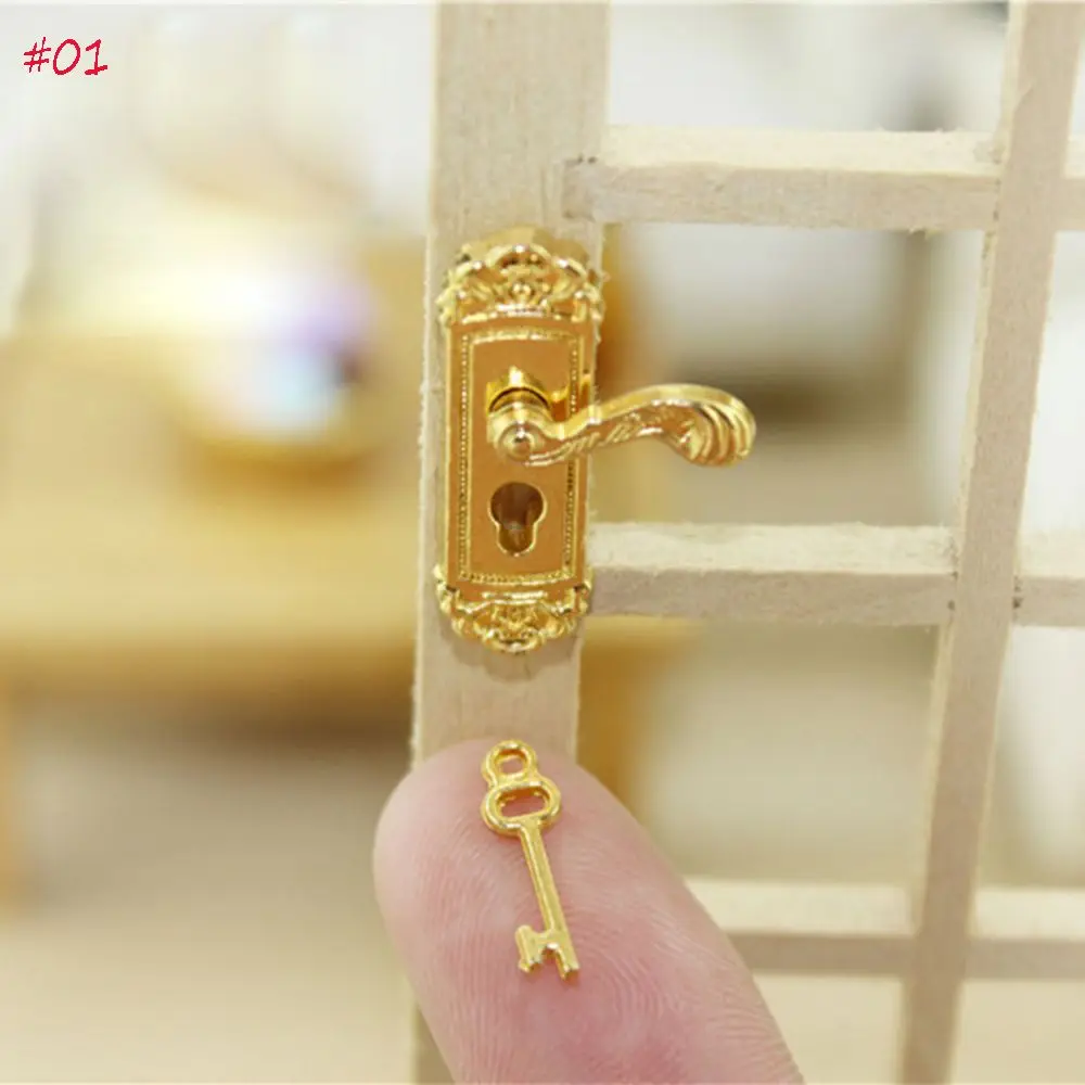 4 Pairs 1/12 Dollhouse Miniature Metal Right Door Knob with Keys DIY Decor
