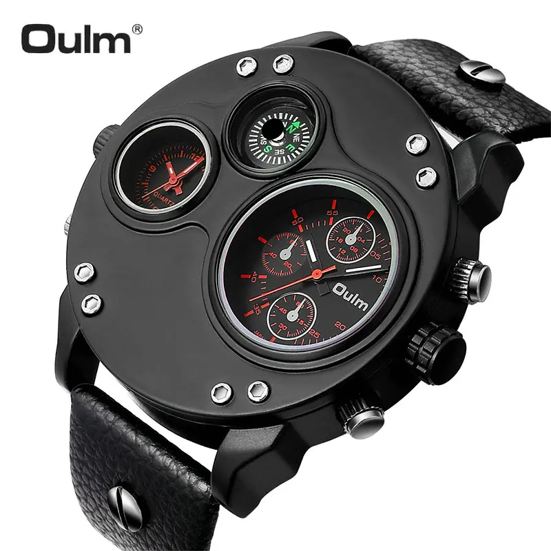 

OULM Military Oversize Quartz Watch Men 2 Time Zone Display Black Leather Strap Unique Chic Design Top Brand Luxury Wristwatches