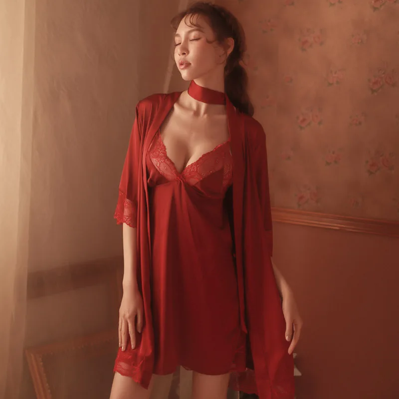 Женские халаты пижамы с лямкой на шее халат и сексуальная ночная сорочка, комплект, одежда для сна, костюм из двух предметов женское обтягивающее мини-платье, комплект