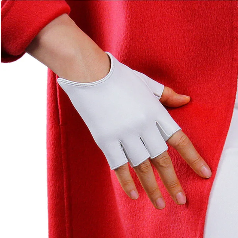 Женские белые перчатки из натуральной кожи, овчина, черные перчатки без пальцев, ультра короткие перчатки для вождения, TBBZ01 - Цвет: Белый