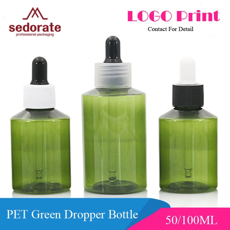 

Sedorate 20 pcs/Lot PET Green Empty Bottles For Cosmetic Rubber Dropper Bottles 50ML 100ML Makeup Contais Packaging JX159