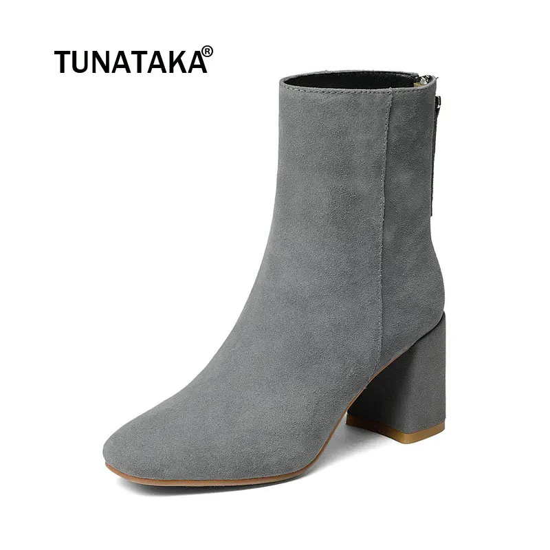 

Ladies Suede Comfortable Thick Heel Ankle Boots Fashion Zipper Square Toe Autumn Shoes Black Gray Brown