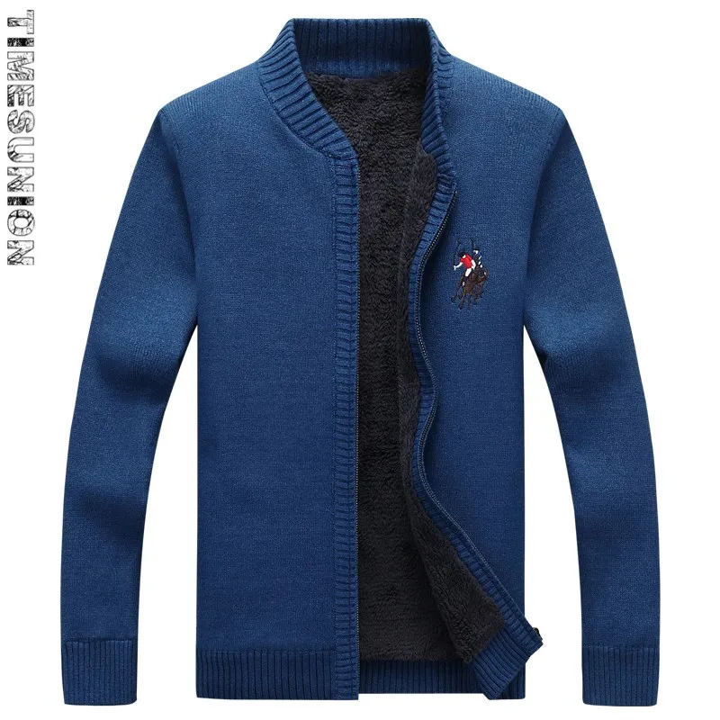 Keep Warm Sweater Men Winter Warm Thick Velvet Sweatercoat Zipper Casual Cardigan Embroidery Men Sweaters Pattern Knitwear - Цвет: Denim Blue