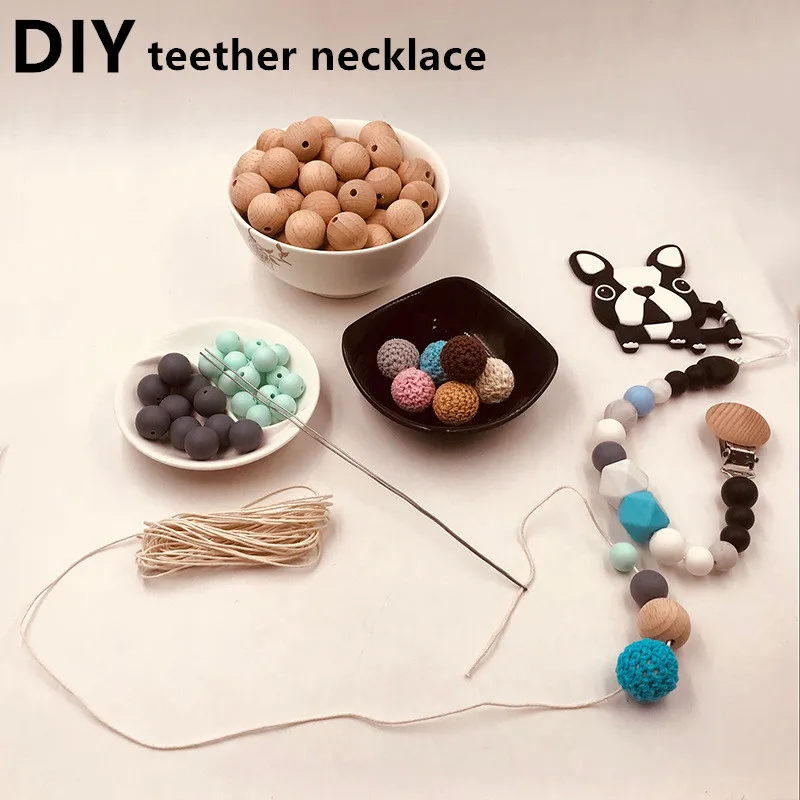 

DIY Baby Teether Necklace Chain Baby Food Grade Silicone Wooden Hexagon Square Teethers Beads Random Color Baby Teething Toys