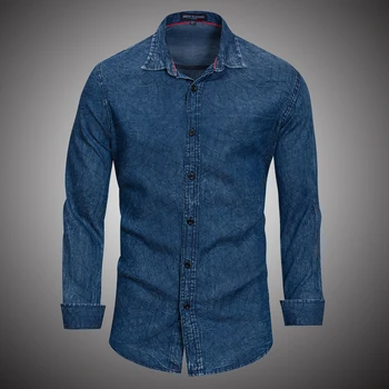 

Plaid Denim Shirt Men Casual Fit Slim Long Sleeve Shirts 2018 Autumn Cotton Jeans Dress Shirt Mens Clothing Plue Size Blue WY108