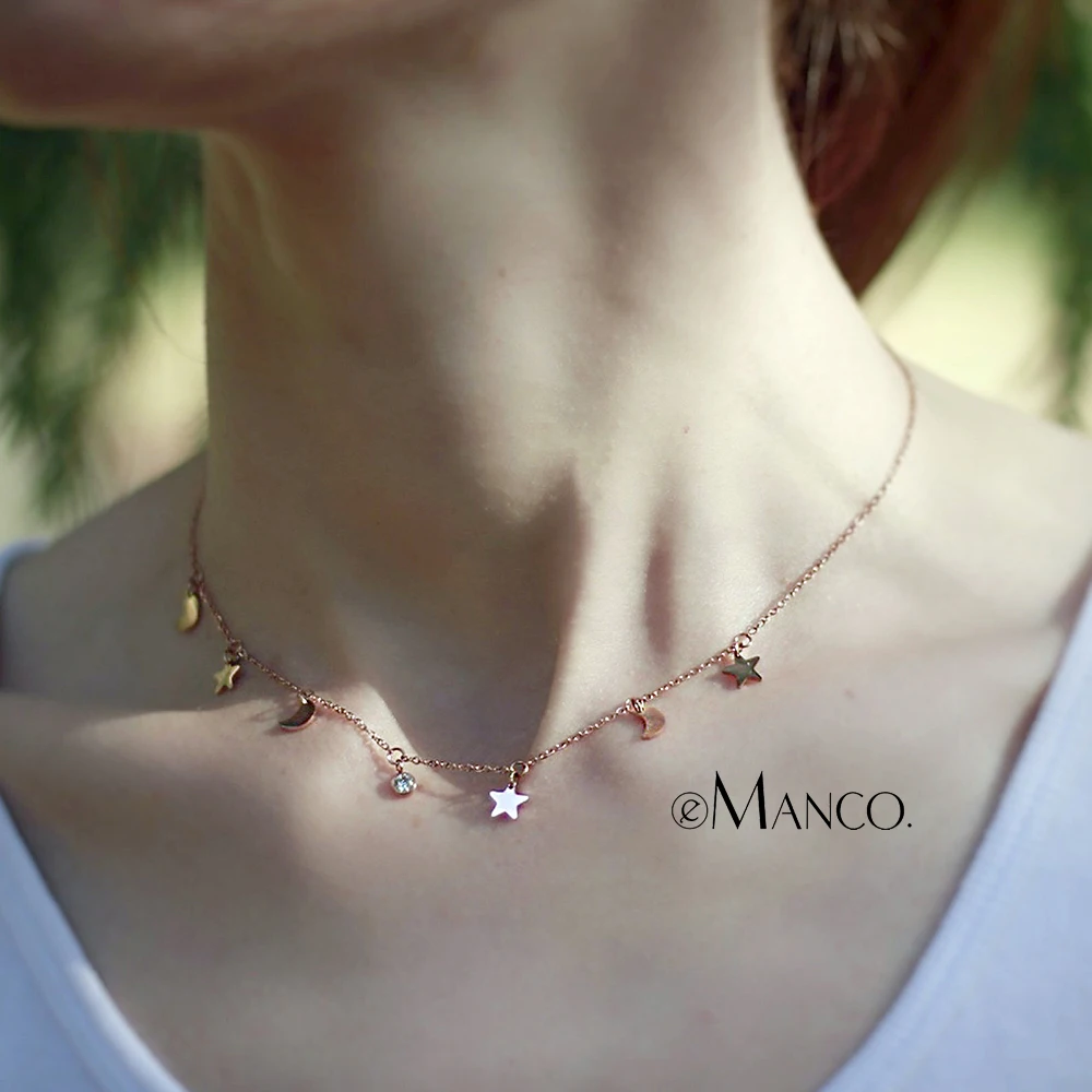 eManco Rose Gold Color Necklaces for Women Jewelry Stainless Steel Statement Necklace Trendy Fashion Jewelry Moon Star Pendants