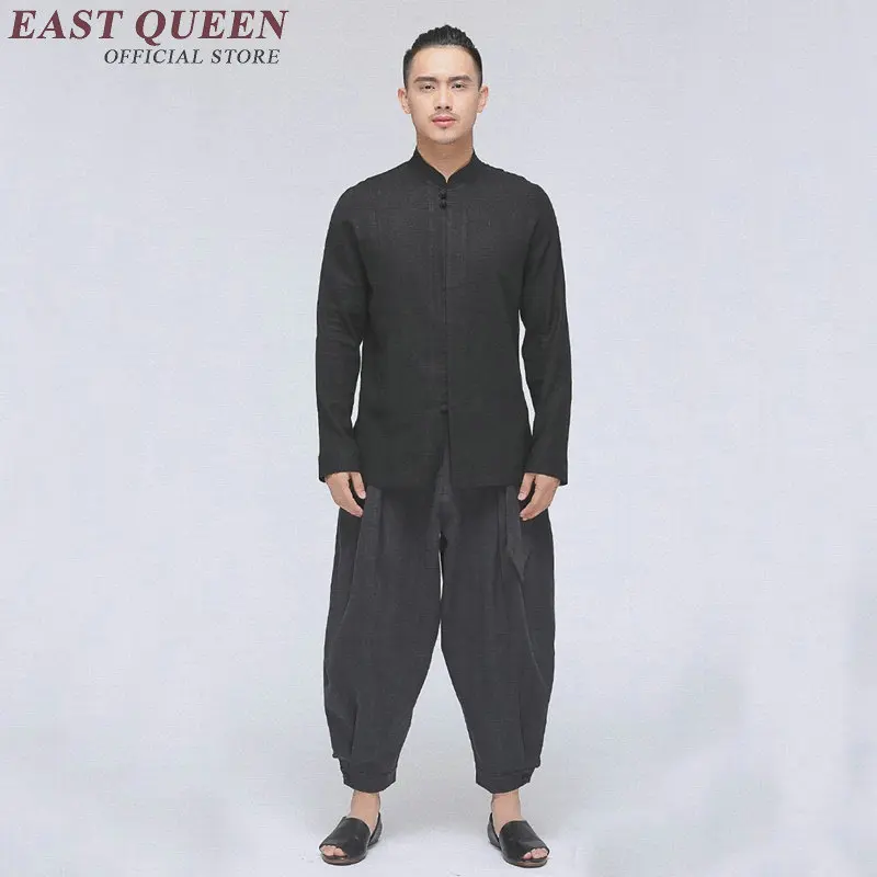 traditional Chinese clothes men solid color linen white shirts Chinese male clothing with long sleeves KK562 Q