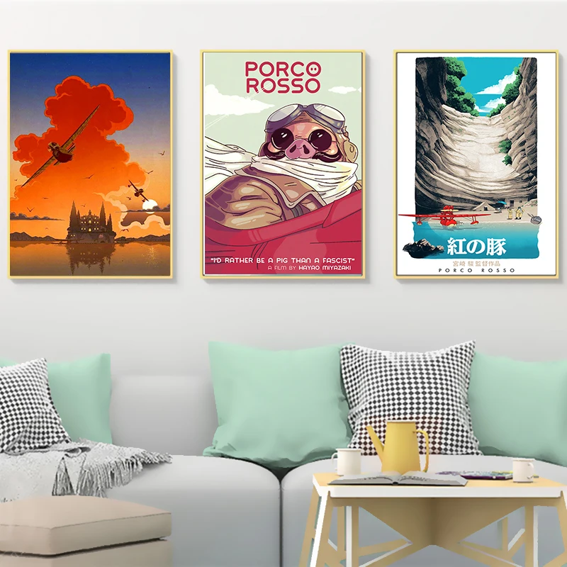 

War Hayao Miyazaki Anime Kurenai No Buta Porco Rosso Canvas Paintings Vintage Kraft Posters Coated Wall Stickers Home Decor Gift