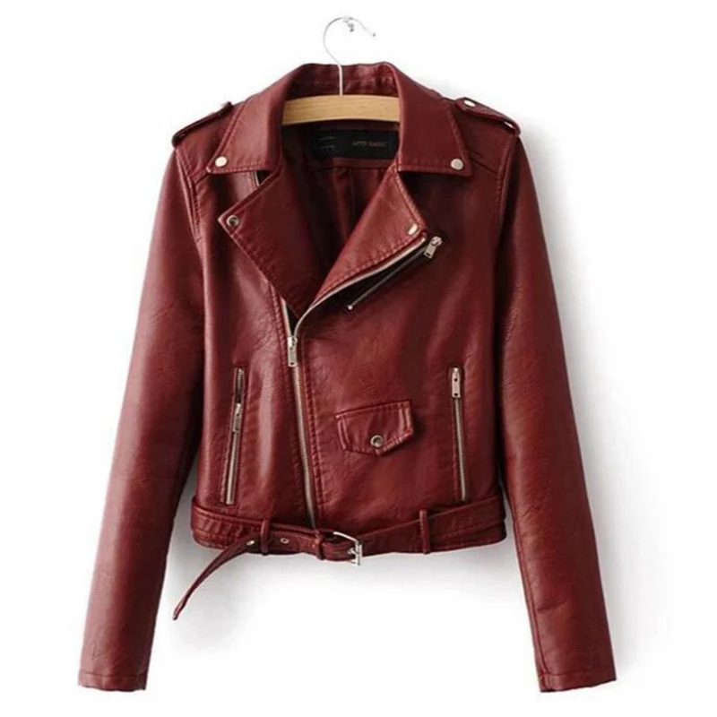 Women Short Motorcycle Jacket Faux PU Leather Solid Color Zipper Pockets Fashion Punk Coat Ladies Casual Outwear Tops Casaco