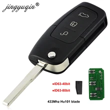 Jingyuqin chave de controle remoto 433mhz 4d63 4d60, com 3 botões, para ford fusion focus, mondeo fiesta, galaxy, fob lâmina hu101,