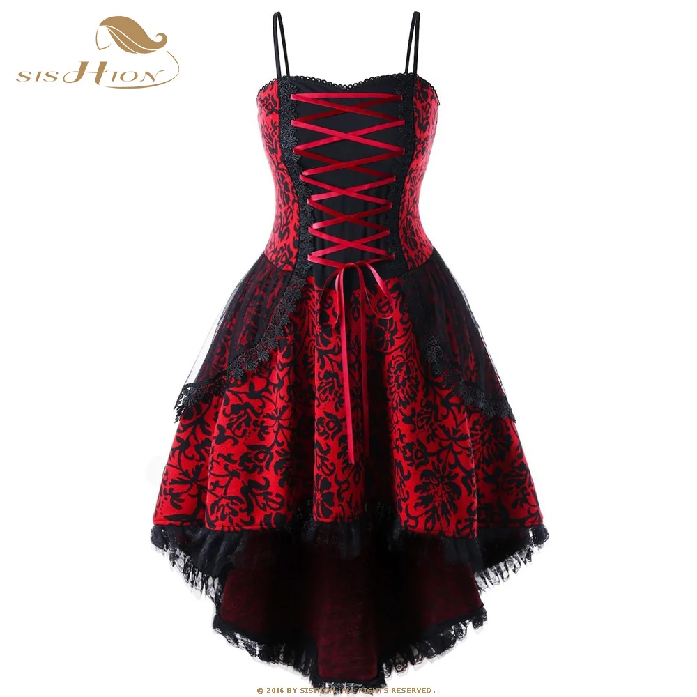 

SISHION Vintage Style Gothic Dress SP153 Women Ladies Sexy Party Black Red Plus Size 4XL 5XL strapless spaghetti strap dress