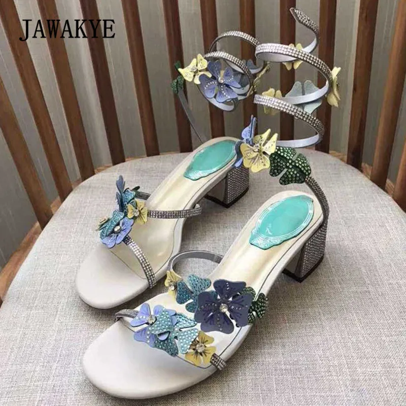 

2018 Chic Rhinestone Sandals Women Open Toe Flower Diamond Snake Ankle Strap Chunky High Heels Woman Sexy Wedding Shoes