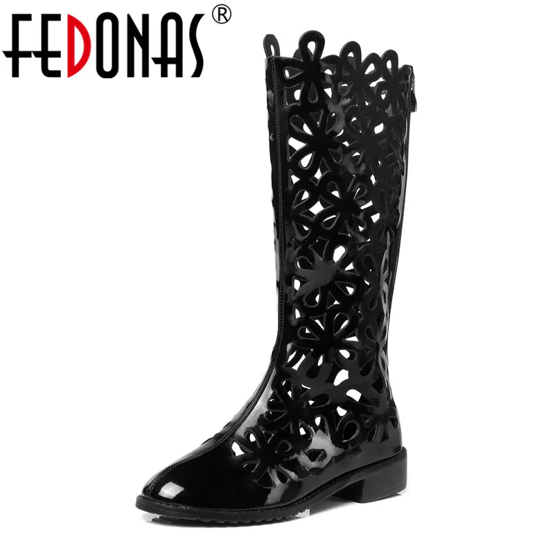 

FEDONAS Brand Women Black Low Heels Summer Boots Fashion Cut-outs Patent Leather Long Sandals Female Knee High Shoes Woman
