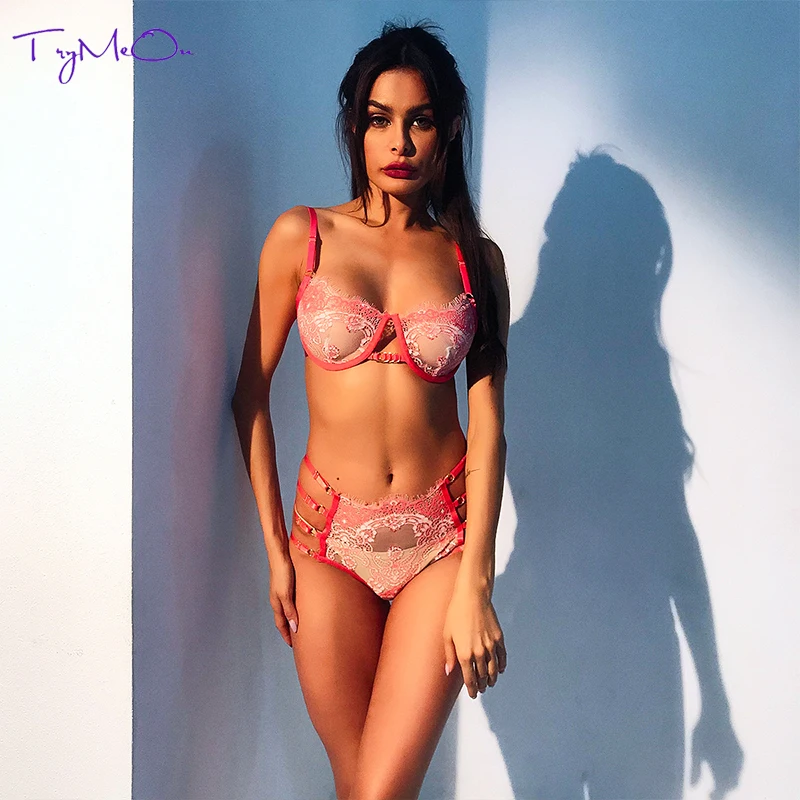 TryMeOn девушка Bralette сексуальные трусики с цветочной вышивкой Для женщин нижнее