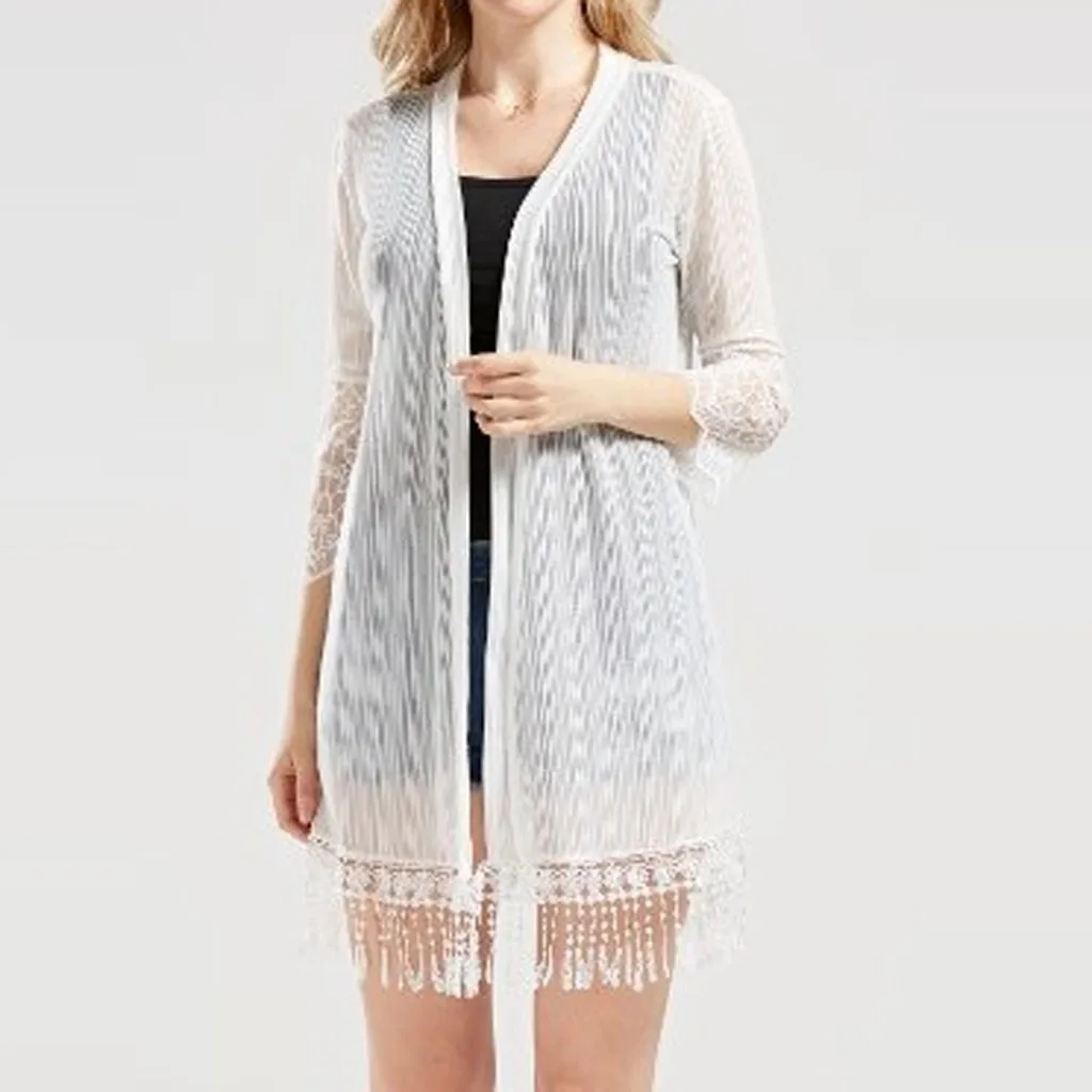 

V-Neck Beach Cover Up Sunscreen Tassel Knitting Tassel Beach Cover Up Strappy Breathable Tops Design Loose Ladies Shirts M31