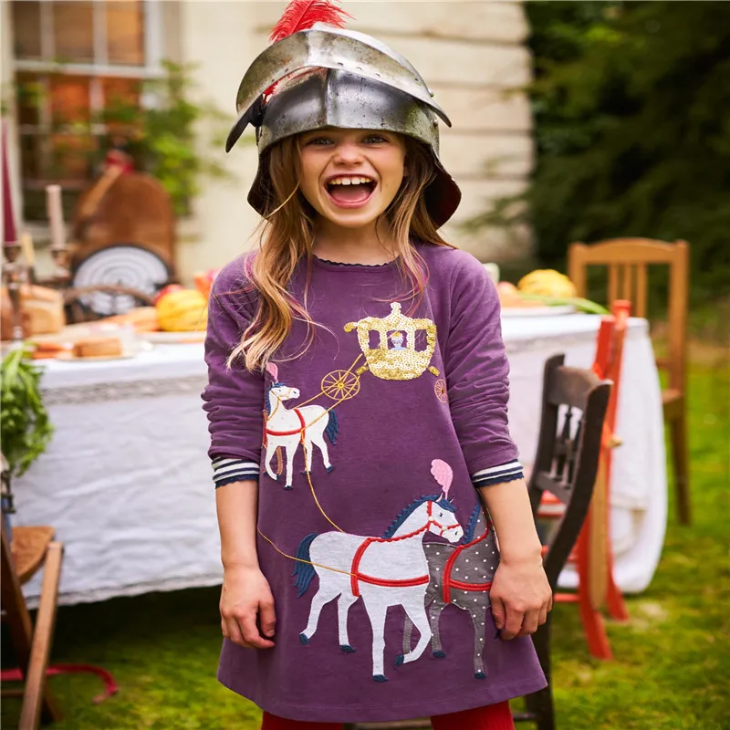 

Jumping Meters Spring Applique Baby Clothing Dresses Royal Carriage Cotton Kids Autumn Dress Hot Selling Long Sleeve Frocks