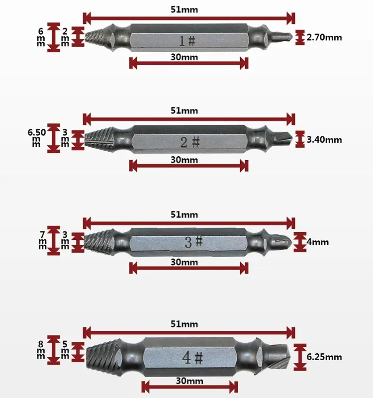 4pcs Steel Broken Speed Out Damaged Screw Extractor Drill Bit Grip Guide Set Broken Bolt Remover Easy Out Set