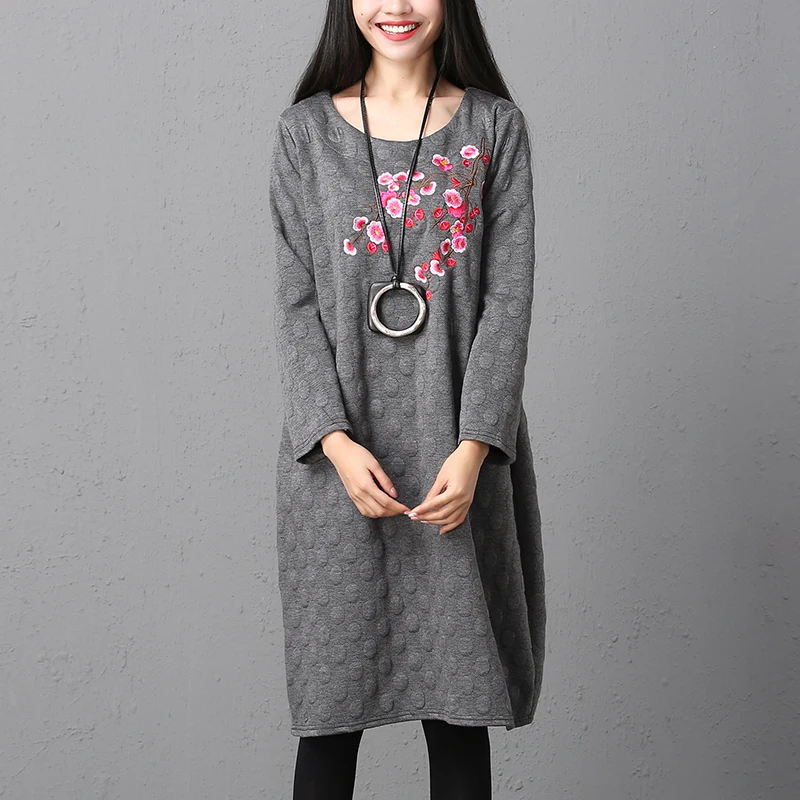 

Autumn brand O-neck long sleeve Plum embroidered dress Ukraine Vintage Warm Winter thick Elegant Dress vestidos