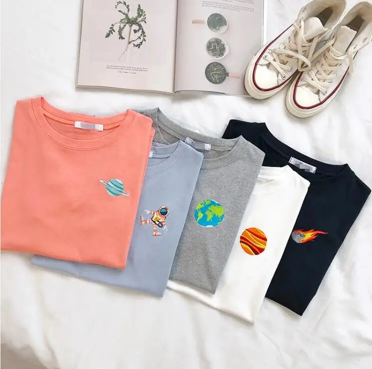 

Cute Cosmic Embroidery Summer Loose Round Neck Short Sleeve T-Shirt