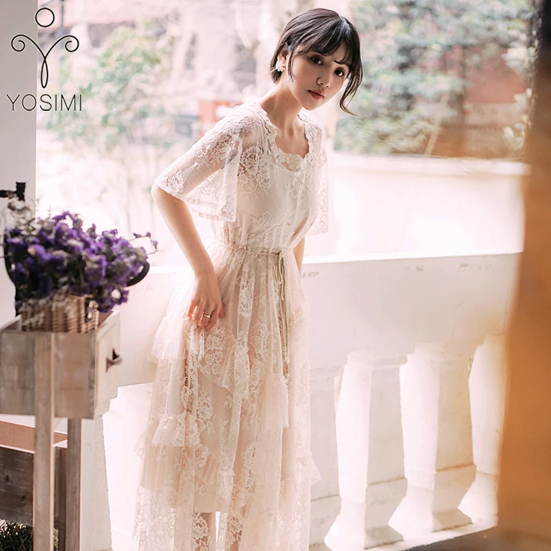 YOSIMI 2019 Summer Maxi Lace Long Women Dress Beige O-neck Short Sleeve Evening Party Dresses Fairy Ankle-length Two Pieces Sets