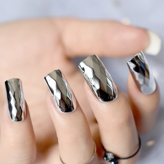 Diamond Design Artificial Nails Kit Long Size Flat Silver Mirror Diamond Design Artificial Nails Kit Long Size Flat Silver Mirror Acrylic False Nail Art Tips For