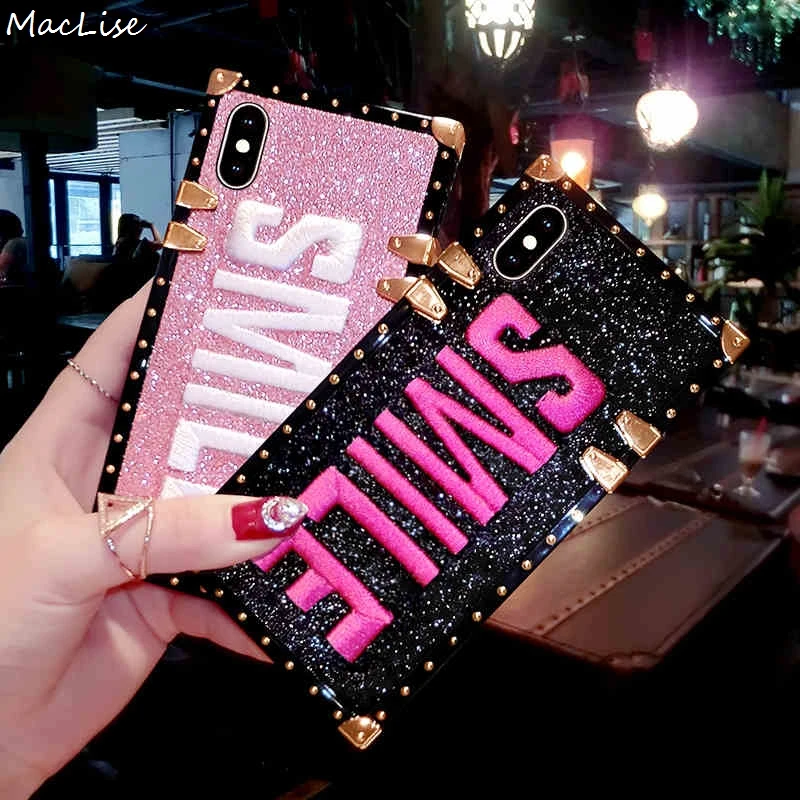 

Glitter Metal Square Phone Cases for iPhone 8 X 6 6s Plus Cover Luxury Embroidery 3D Pink Letter Case for iphone 7 7Plus