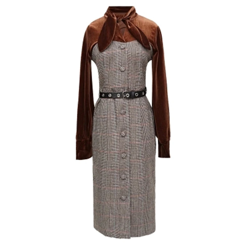 

PERHAPS U Woman Elegant Black Brown Velvet Vintage Plaid Pocket Button Bow Collar Long Sleeve knee length dress Autumn D0939