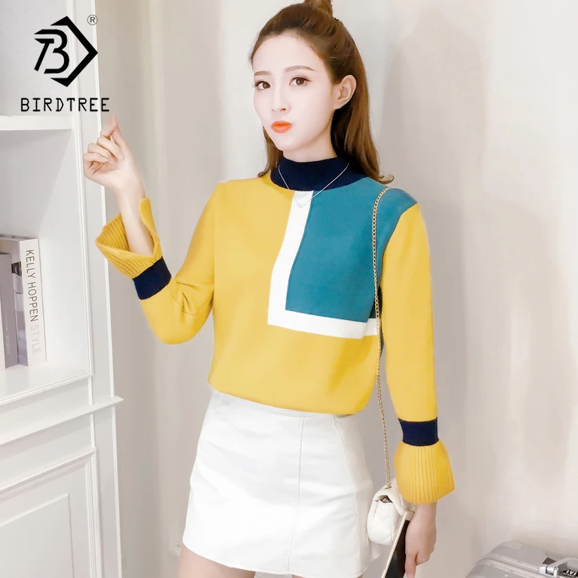 Ceny Kobiety Sweter Z Dzianiny 2018 Wiosna Jesień Nowy Golfem Moda Topy Bluzka Slim Flare Rękawy Stałe Swetry Swetry C87741L